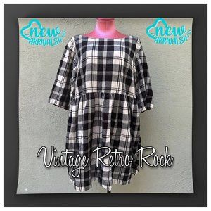 Esby Willow Babydoll Dress Casual Plaid Black White Gray Flannel Short Sleeve L